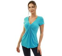 AmélieBoutik Women V Neck Twist Knot Front Casual T-Shirt Short Sleeve Blouse, Turquoise, M