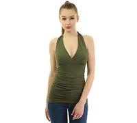 AmélieBoutik Women's V Neck Halter Ruched Sides Blouse Sleeveless Backless Summer Beach Tank Top (Olive Green Large 14)