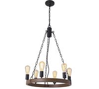 Amen Style 6-Light Wheel Chaner with Wood Finish, Black Cart Wheel Chaner Lighting Fixture, Kitchen Island Pendant Lights with Adjustable Chain