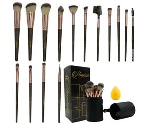 Améne Professional Makeup Brushes: 15 pcs Set Premium Synthetic Travel Make-up Brush Set With Case, Foundation Powder Brush Cosmetic Eyeshadow, Blender Sponge Gift Box (Brown)