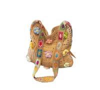 AMENGJ Crochet Bags for Women Women's Crochet Bag Flowers Knitted Handbags Large Capacity Woven Shoulder Bags(Khaki With Flowers)