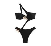 AMENGJ Womens Swimsuit Sexy Black Hollow Out Bikini Women One Shoulder Metal Backless(Black,M)