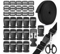 Amentalove 10 Meters Nylon Webbing Strap 32mm, Backpack Chest Strap with 15 Tri-Glide Slides Clip,15 Flat Side Release Buckles and 1 Scissor, Heavy Webbing Strap for DIY Bags Backpack Cargo Strapping