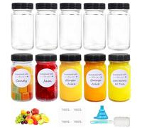 Amentalove 10 Pcs Glass Shot Bottles with Lids, 2oz /60 ml Glass Juice Bottles, Reusable Small glass bottle with Labels Funnel, Mini bottles with Wide Mouth, Small Jars with Lids for Ginger Juice Milk