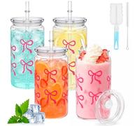 Amentalove 4 PCS Pink Bow Cups, 500ml/16oz Reusable Plastic Cup with Straw and Lid, Flower Girl Cup Iced Coffee Cups with Brush, Clear Smoothie Cup for Coffee, Juice, Soda, Cocktail,Cold or Hot Drinks