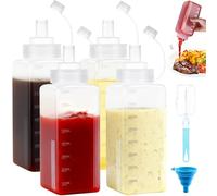 Amentalove 4PCS Sauce Bottle 800ml, Squeezy Bottles with Nozzles 27oz, Plastic Square Sauce Bottle with Scale, Brush, Funnel, Large Condiment Squeeze Bottles for Sauces Oil Mustard Ketchup Salad