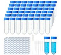 Amentalove 50PCS Centrifuge Tubes 50ml, Plastic Test Tubes with Blue Screw Caps Lid, Clear Graduated Conical Specimen Sample Bottles with 2 Labels 1 Brush 5 Pipettes for Lab Liquids Storage DIY Coffee