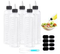 Amentalove 5PCS 500ml Squeezy Bottles with Nozzles, 16oz Squeezy Bottles with Scale, Sauce Bottle, Plastic Squeeze Bottle, Clear Condiment bottles with Labels Brush for Sauce Oil Ketchup DIY Crafts
