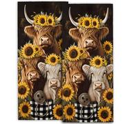 amepay Cute Highland Cow Hand Towels - 2 Pack, 14.5" X 28", Soft Microfiber Polyester Towel Set with Sunflower Floral Pattern, for Rustic Bathroom Kitchen Spa Hotel Decor Gifts Women Girls