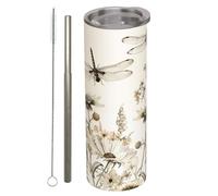 amepay Dragonfly and Wildflower Stainless Steel Insulated Tumbler with Lid - 20oz Vintage Botanical Travel Mug,Reusable Metal Straw & Brush,Double-Wall Vacuum Bottle Cup for Hot and Cold Drinks,Gifts