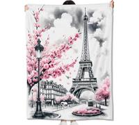 amepay Paris Blanket Gifts for Girls Women,Parisian Eiffel Tower with Pink Cherry Blossom Throw Blankets,Soft Comfy Lightweight for Room Couch Bed Sofa Romantic Decor,France Lover 60x50in