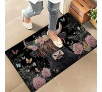 amepay Retro Highland Cow Indoor Door Mat - Stylish 17x29.5in Non-Woven Fabric Floor Doormat with Floral Crown and Butterfly Design,for Porch Insider,Bedroom,Living Room - Farm Decor Rug Gifts