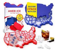Amer-Ice Silicone Ice Cube Trays2-Pack | USA Ice Cube Tray with State Ice Cube Molds | Fun Ice Cube Trays With Lids Shaped Like American States - Gift for Americans - 9in x 6in x 0.75in