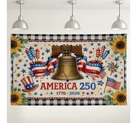 America 250 Celebration Backdrop, Patriotic Bell and Fireworks Design, Red White Blue Indoor/Outdoor Party Background for 4th of July Events 71x43 Inch