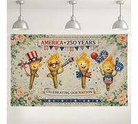 America 250 Years Celebration Backdrop, Vintage Floral Torch Design, Red White Blue Indoor/Outdoor Party Decorations, Independence Day Photo Background 71x43 Inch