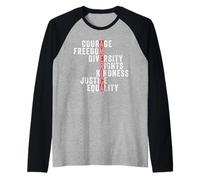 America Courage Freedom Rights Diversity Justice Equality Raglan Baseball Tee