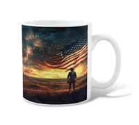 America Flag Ceramic Coffee Mug, Patriotic Realistic Soldier Fireworks Independence Day Red Novelty Work Drinking Mugs with Handle Ideal for Friends Family Co-Worker Lovers Eldership Senior 11 Oz