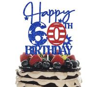 America Happy 60th Birthday Cake Topper, Patriotic 60th Birthday Cake Decorations, 60 & Fabulous Cheers to 60 Years Birthday Party Decoration Blue & Red Glitter