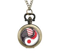 America & Japan Flag Yin-yang Pocket Watch Vintage Quartz Pocket Watches with Chain for Men Women Coppery-Style