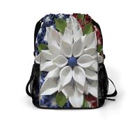 America Patriotic Flower Sports Drawstring Backpack,Packsack with Shoe Compartment And Wet Proof Pocket for Youth