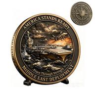 America Stands Ready Challenge Coin - Middle East Deployment Edition with Aircraft Carrier & USA Flag Engraving, Peace Through Strength, for Veterans, Collectors, Active Duty (1pcs)