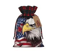 America US Flag Bald Eagle Christmas Gift Bags with Tags & Ribbon Ties, Xmas Drawstring Candy Treat Bag Buffalo Plaid Christmas Gifts Sacks Reusable Gift Wrapping Bags for Holiday Party Favors Small