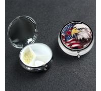 America US Flag Bald Eagle Pill Box 3 Compartment Round Portable Pill Case for Pocket or Purse Small Weekly Medicine Planner Travel Pillbox with Mirror Decorative Metal Vitamin Holder Gifts