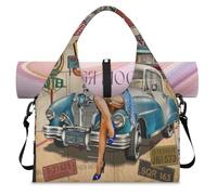 America Vintage Poster Sports Duffel Bag for Women Men Vintage Car Weekend Overnight Bag with Shoe Compartment Shoulder Tote Luggage Bag for Yoga Gym Travel