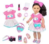 American 18 Inch Doll Clothes and Makeup Accessories Set - Includes Top and Skirt, Bag,Camera,Cell Phone,Eye Shadow,Blush,Bracelet,Lipstick,Bow Hair Clips (NO Doll)