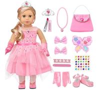 American 18 inch Girl Doll Clothes and Accessories - Princess Dress, Crown, Necklace, Lipstick, Makeup Palette, Nail Kit, Satchel, Gloves, Shoes, Sticky Rhinestones,Hair (No Doll)