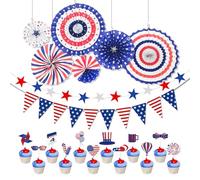 American 4th July Party Decorations, Red Blue and White American Independence day Party Decoration USA Cake Topper American Flag Bunting for D Day Festival Supplies