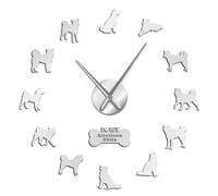 American Akita Dog Breed Self Adhesive 3D DIY Wall Clock Akita Owner Gift Living Room Unique Design Mirror Sticker Wall Watch(Silver,47inch)