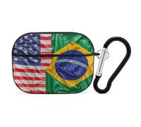 American and Brazilian Flags Airpod Pro Case AirPods 2 Case for Women Hard Shell Protective Cover with Carabiner Keychain Compatible with AirPods Case 2nd 1st Generation, Front LED Visible Black