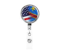 American and Democratic Republic of The Congo Flag Heavy Duty Metal Badge Holder Reel, Retractable Badge Holder with Belt Clip for Key Name Card Holder Employee Teacher