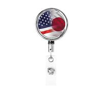 American and Japan Flag Heavy Duty Metal Badge Holder Reel, Retractable Badge Holder with Belt Clip for Key Name Card Holder Employee Teacher