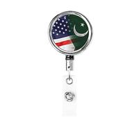American and Pakistan Flag Heavy Duty Metal Badge Holder Reel, Retractable Badge Holder with Belt Clip for Key Name Card Holder Employee Teacher