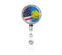 American and Palau Flag Heavy Duty Metal Badge Holder Reel, Retractable Badge Holder with Belt Clip for Key Name Card Holder Employee Teacher