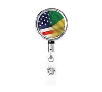 American and Republic of The Congo Flag Heavy Duty Metal Badge Holder Reel, Retractable Badge Holder with Belt Clip for Key Name Card Holder Employee Teacher