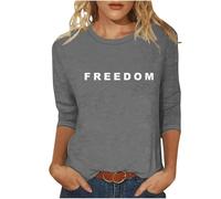 American Apparel Freedom T Shirt for Women Casual 3/4 Sleeve Crewneck American Shirt Letter Print Graphic Color Block Funny Freedom Tshirt Gray S