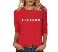 American Apparel Freedom T Shirt for Women Casual 3/4 Sleeve Crewneck American Shirt Letter Print Graphic Color Block Funny Freedom Tshirt Red XXXL