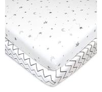 American Baby Company 2 Pack Fitted Mini Crib Sheet 24" x 38", Soft Breathable Neutral 100% Cotton Jersey Portable Sheet, Gray Stars/Zigzag, for Boys and Girls, Fits Most Pack N Play Mattresses