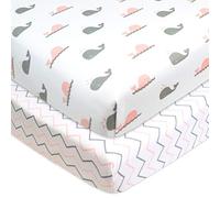 American Baby Company 2 Pack Fitted Pack N Play Playard Sheet 27" x 39", Soft Breathable Neutral 100% Cotton Jersey Pack and Play Sheet, Pink Whale/Zigzag, for Boys and Girls, Fits Most Mini Crib