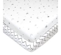 American Baby Company 2 Pack Printed 100% Natural Cotton Jersey Knit Fitted Pack N Play Playard Sheet, Grey Stars and Zigzag, Soft Breathable, for Boys and Girls