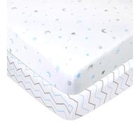 American Baby Company 2 Pack Printed 100% Natural Cotton Jersey Knit Fitted Pack N Play Playard Sheet,Blue Stars/Zigzag, Soft Breathable, for Boys and Girls
