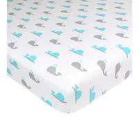 American Baby Company Fitted Pack N Play Playard Sheet 27" x 39", Soft Breathable Neutral 100% Cotton Jersey Pack and Play Sheet, Aqua Whales, for Boys and Girls, Fits Most Mini Crib Mattresses