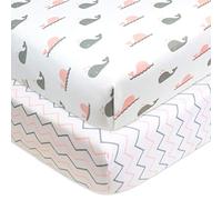 American Baby Company Printed 100% Natural Cotton Jersey Knit Fitted Crib Sheet for Standard Crib & Toddler Mattresses, Pink Whale/Pink Zigzag, for Girls, 52x28x9 Inch (Pack of 2)
