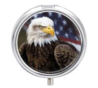 American Bald Eagle Pill Box - 3 Compartment Travel Pill Organizer with Small Mirror, Portable Pillcase for Pocket & Purse, Cute Round Medicine Case, Weekly Medicine Container