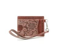 American Bison Embossed Floral Wristlet Wallet for Women - Small ID Card Holder with Credit Card Slots & Pull Tab Organizer - Compact Leather Wrist Strap Clutch, Pink, Wristlet Wallet