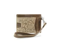 American Bison Embossed Floral Wristlet Wallet for Women - Small ID Card Holder with Credit Card Slots & Pull Tab Organizer - Compact Leather Wrist Strap Clutch, Brown, Wristlet Wallet