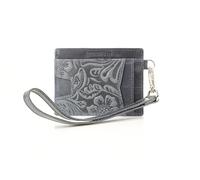 American Bison Embossed Floral Wristlet Wallet for Women - Small ID Card Holder with Credit Card Slots & Pull Tab Organizer - Compact Leather Wrist Strap Clutch, Navy, Wristlet Wallet